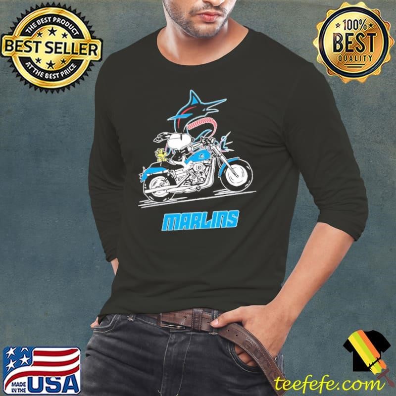 Snoopy and Woodstock driving motorbike Miami Marlins Long Sleeve Tee
