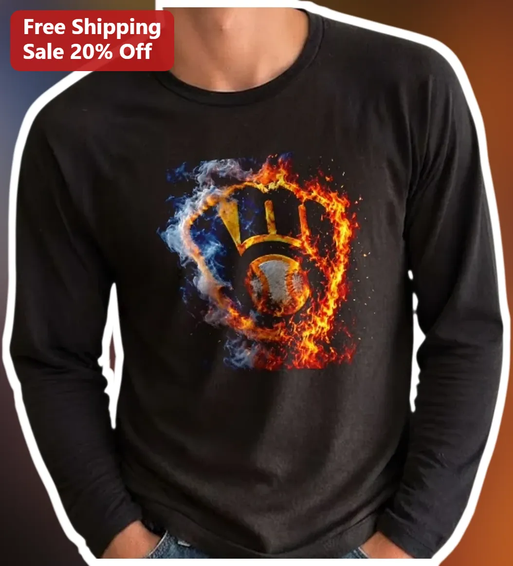 Baseball Glove Fire Flame Design Long Sleeve Tee for Men Women Baseball Fans Sports Apparel Gift available at our Austin, Texas warehouse