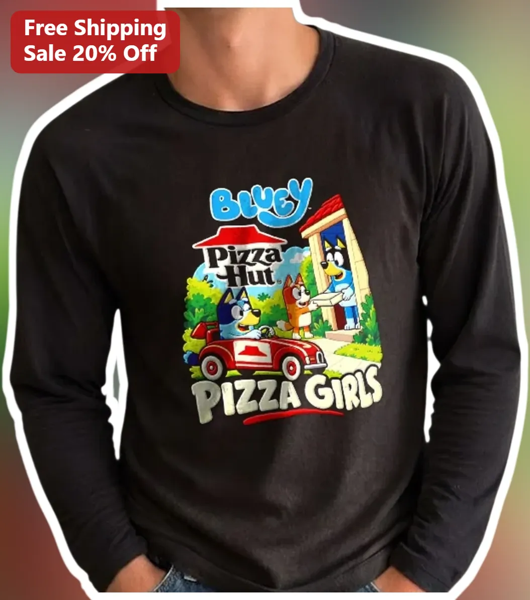 Bluey Pizza Girls Long Sleeve Shirt Bluey Bingo Muffin Cartoon Kids Gift available at our Austin, Texas warehouse