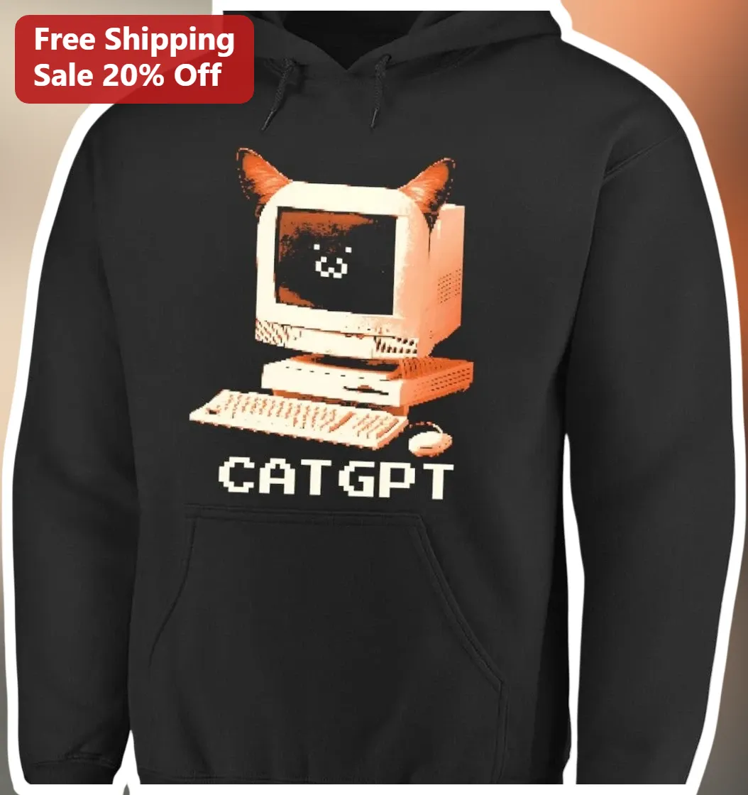 CATGPT Hoodie Retro Pixel Art AI Cat Tech Humor Gift for Programmers and Cat Lovers available at our Austin, Texas warehouse