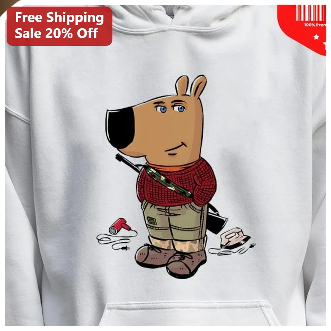 Chester the Dog Hoodie Funny Hunter Cartoon Camo Gun Meme Apparel for Men Women available at our Austin, Texas warehouse