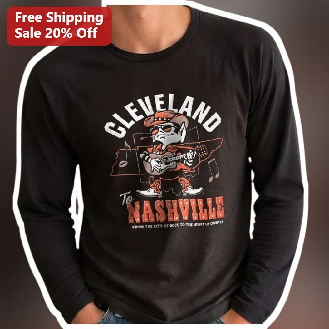 Cleveland to Nashville Long Sleeve Tee City of Rock Heart of Country Music Travel Souvenir Shirt available at our Austin, Texas warehouse