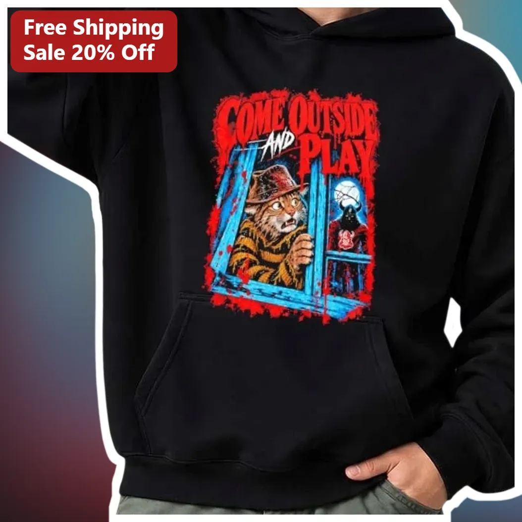 Come Outside And Play Hoodie Scary Cat Horror Parody Graphic Pullover available at our Austin, Texas warehouse