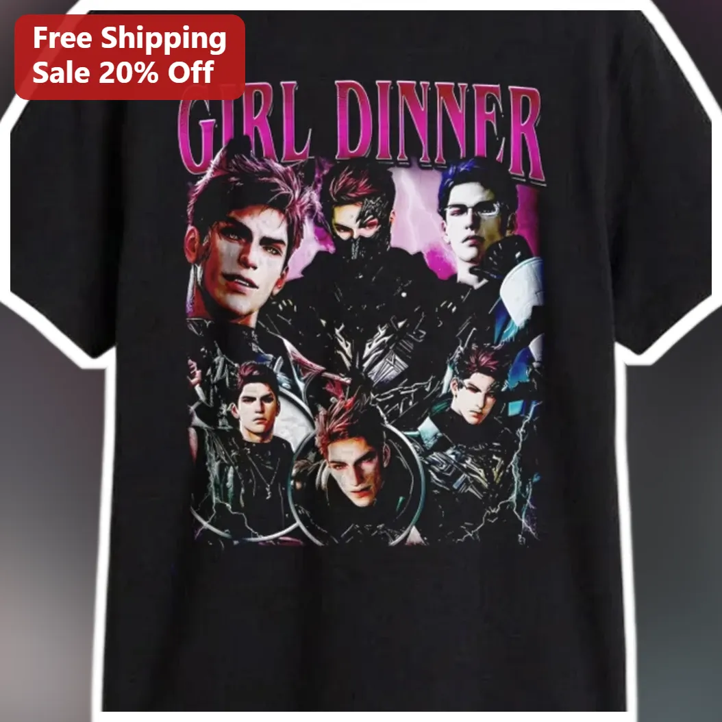 Girl Dinner Tee Otome Game Boyfriend Collage Black Cotton Shirt available at our Austin, Texas warehouse