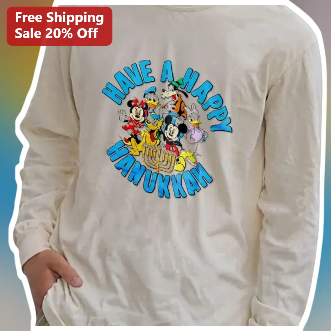 Happy Hanukkah Disney Characters Long Sleeve Tee Jewish Holiday Gift available at our Austin, Texas warehouse