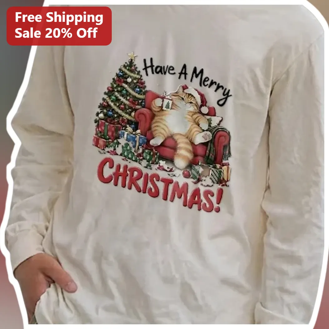 Have A Merry Christmas Cat Long Sleeve Shirt Festive Holiday Gift