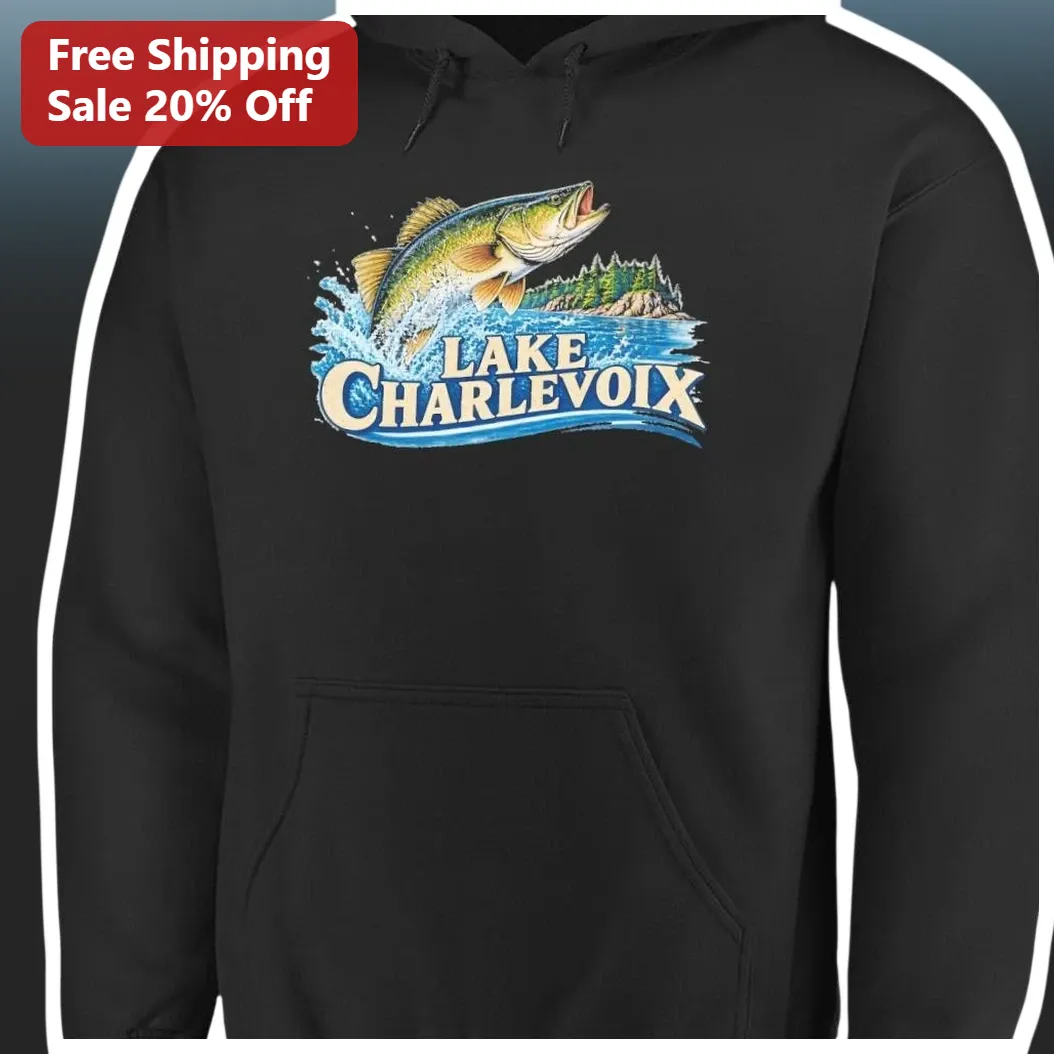 Lake Charlevoix Michigan Muskie Fishing Hoodie Vintage Travel Souvenir Sweatshirt for Anglers