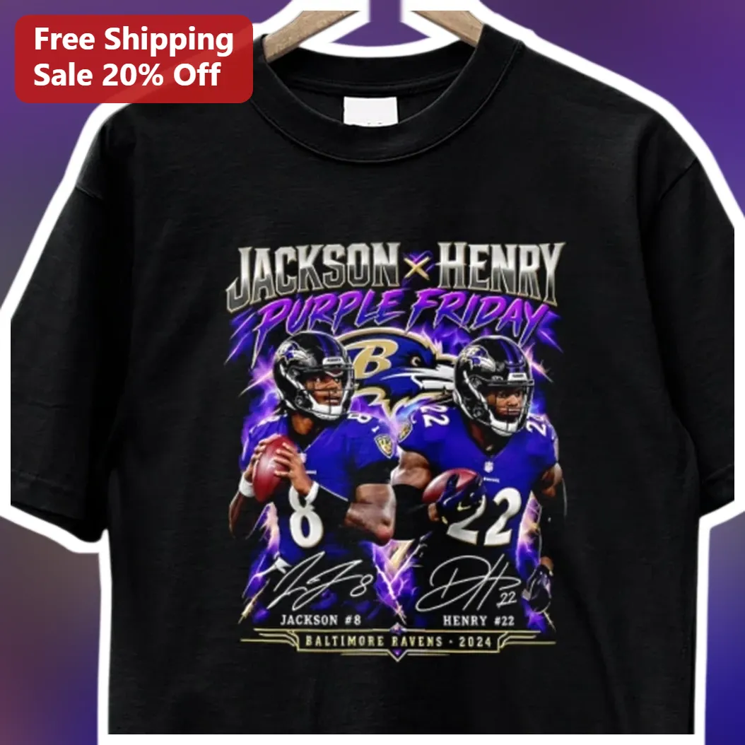 Lamar Jackson Derrick Henry Baltimore Ravens Purple Friday Graphic Tee NFL Fan Gift available at our Austin, Texas warehouse