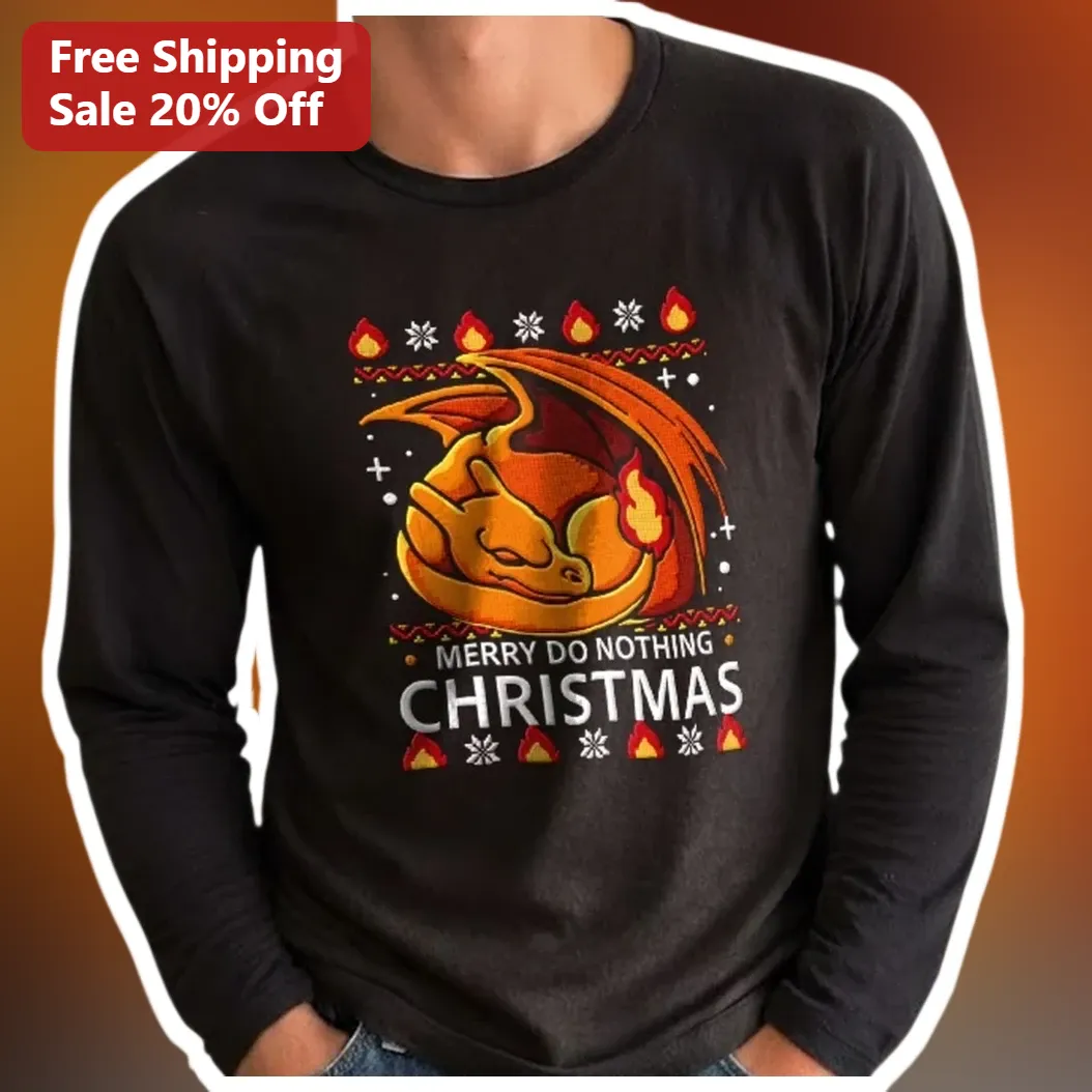 Merry Do Nothing Christmas Long Sleeve Tee Sleeping Dragon Ugly Sweater Gamer Gift