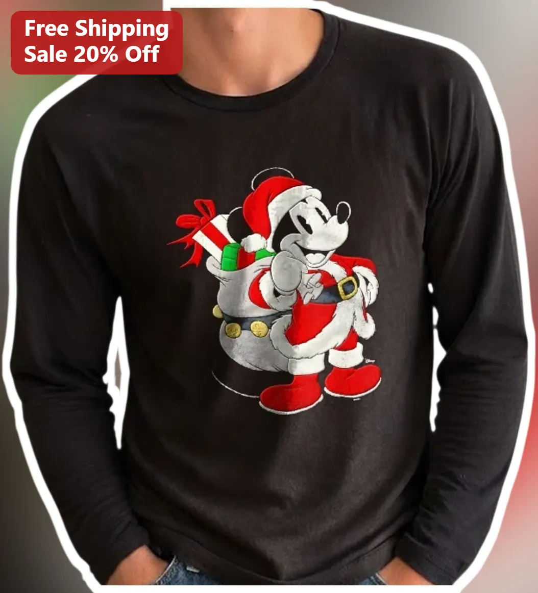 Mickey Mouse Long Sleeve Tee Vintage Santa Holiday Shirt for Women Men
