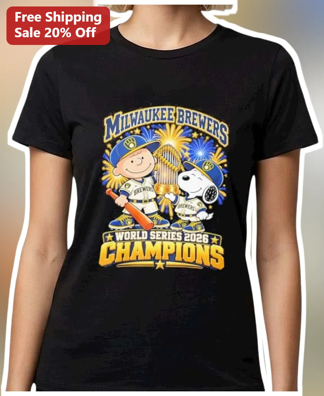 Milwaukee Brewers World Series 2026 Champions Charlie Brown Snoopy Tee available at our Austin, Texas warehouse