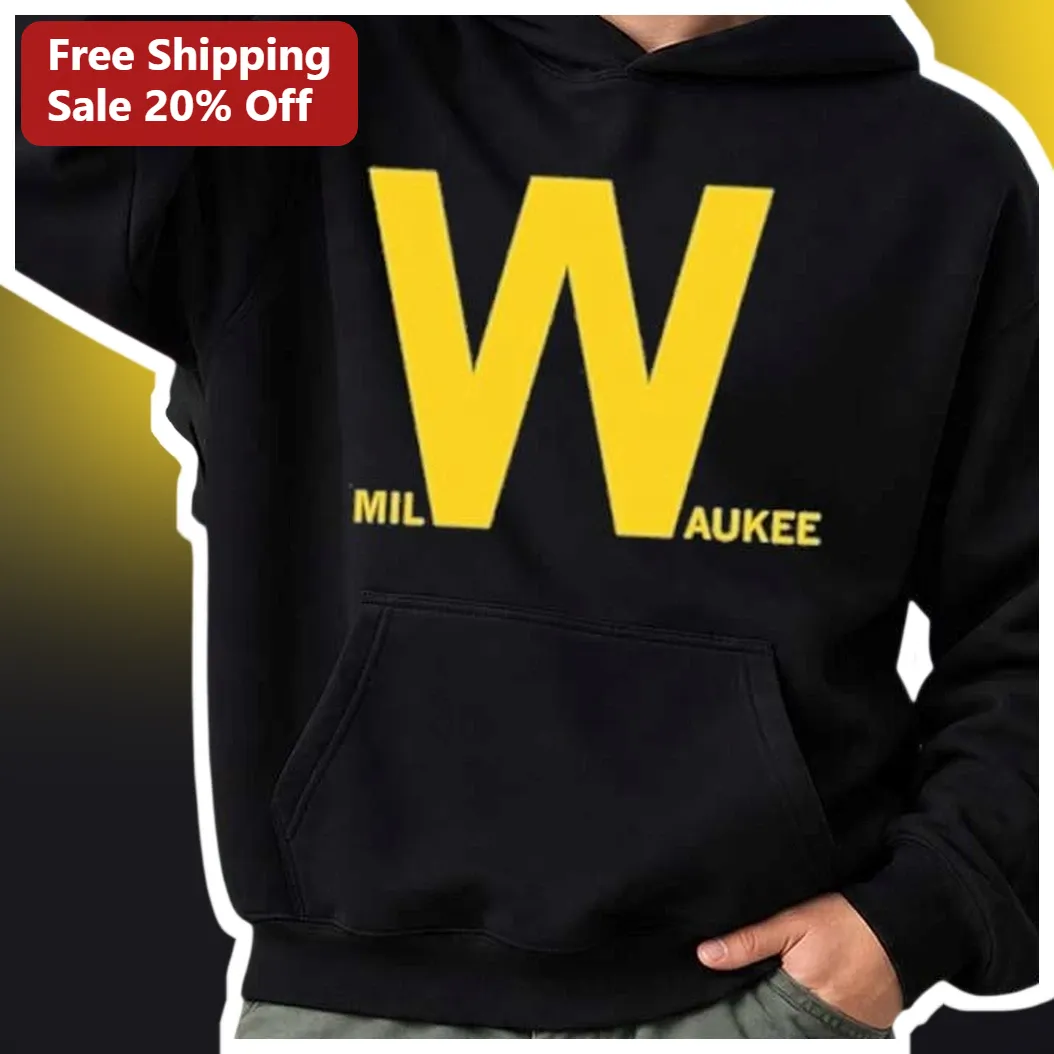 Milwaukee Hoodie Black Big W Logo Pullover Sweatshirt for Men Women Sports Fans available at our Austin, Texas warehouse