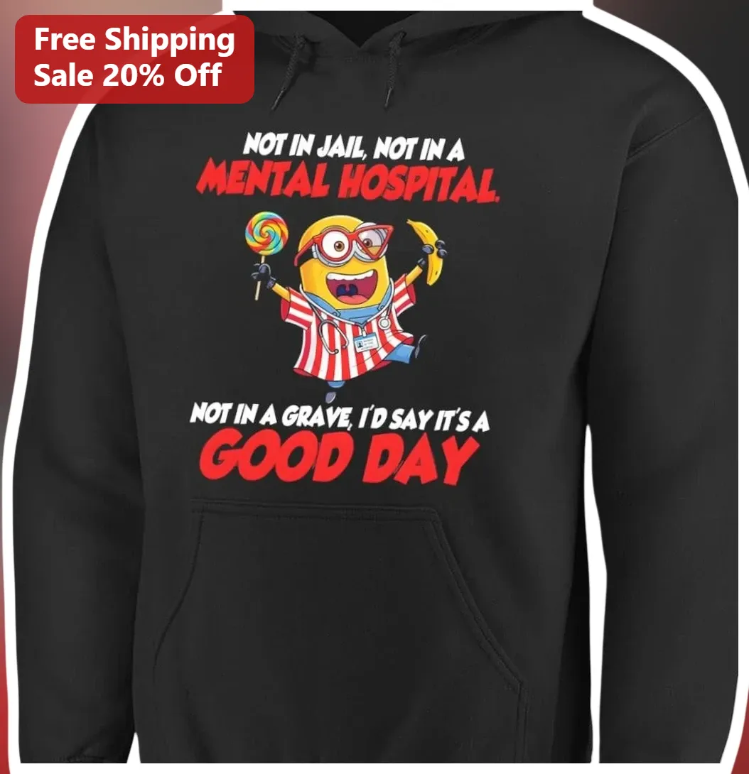 Not In Jail Not In A Mental Hospital Good Day Minion Hoodie Dark Humor Sarcastic Gift