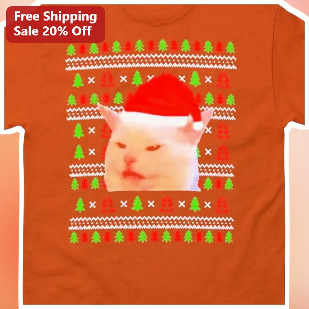 Pop Cat Ugly Christmas Sweater Graphic Tee Funny Meme Cat Shirt Holiday Gift