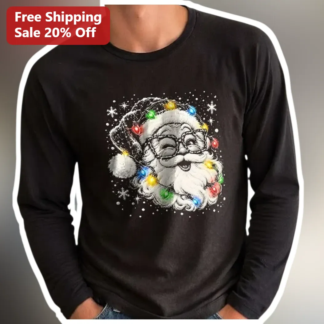 Santa Claus Long Sleeve Tee Funny Christmas Lights Graphic Holiday Gift for Men Women