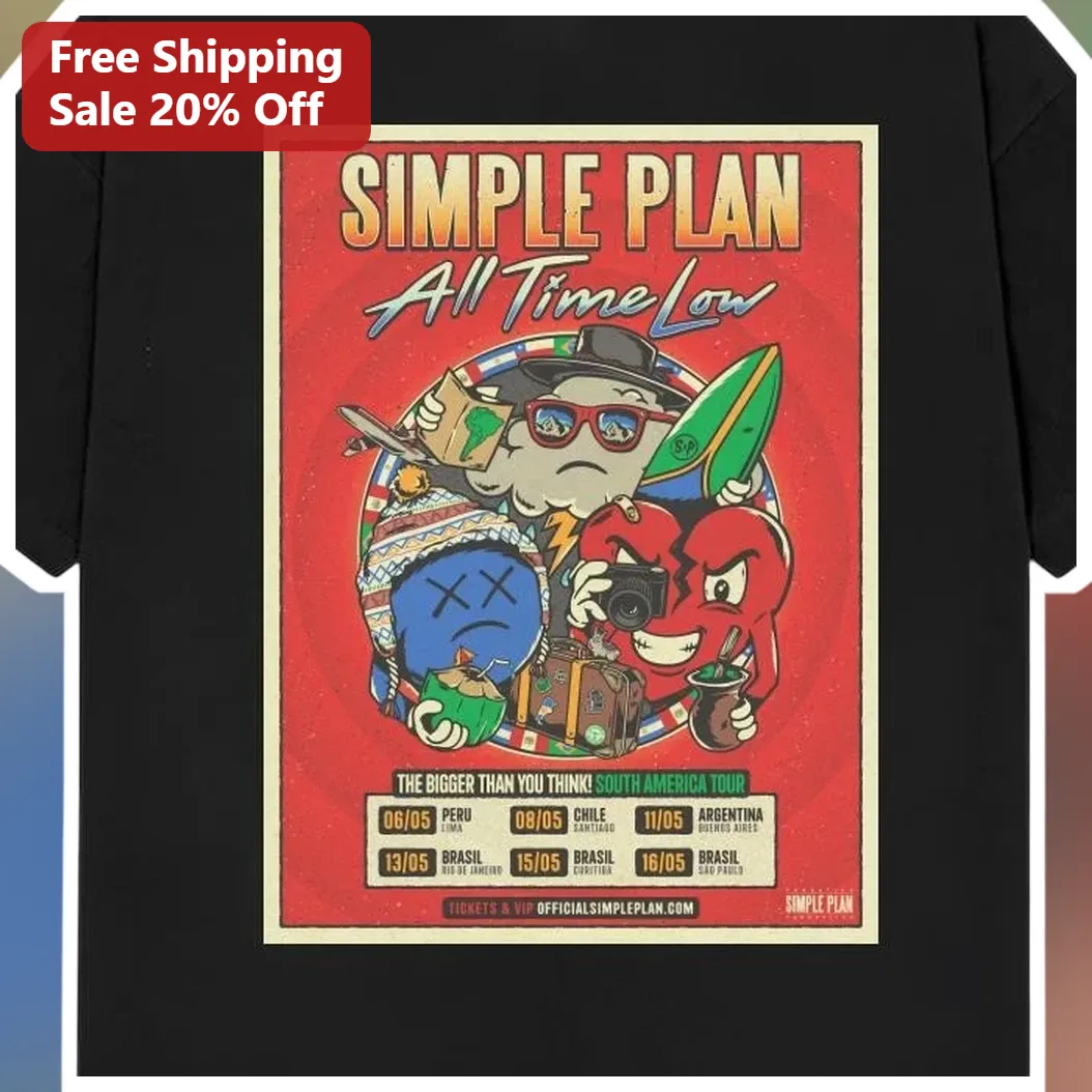 Simple Plan All Time Low South America Tour Vintage Graphic Tee Pop Punk Band Merch available at our Austin, Texas warehouse