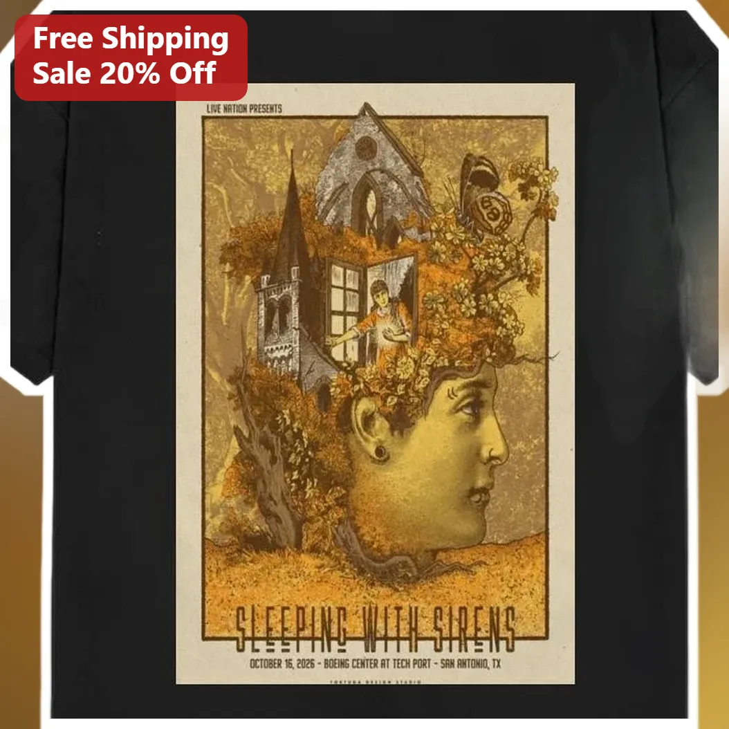 Sleeping With Sirens Vintage Concert Poster Graphic Tee for Men available at our Austin, Texas warehouse