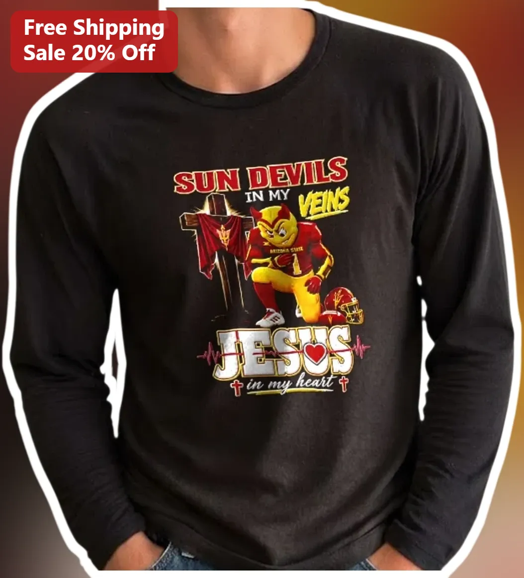 Sun Devils In My Veins Jesus In My Heart Long Sleeve Tee ASU Christian Fan Gear available at our Austin, Texas warehouse