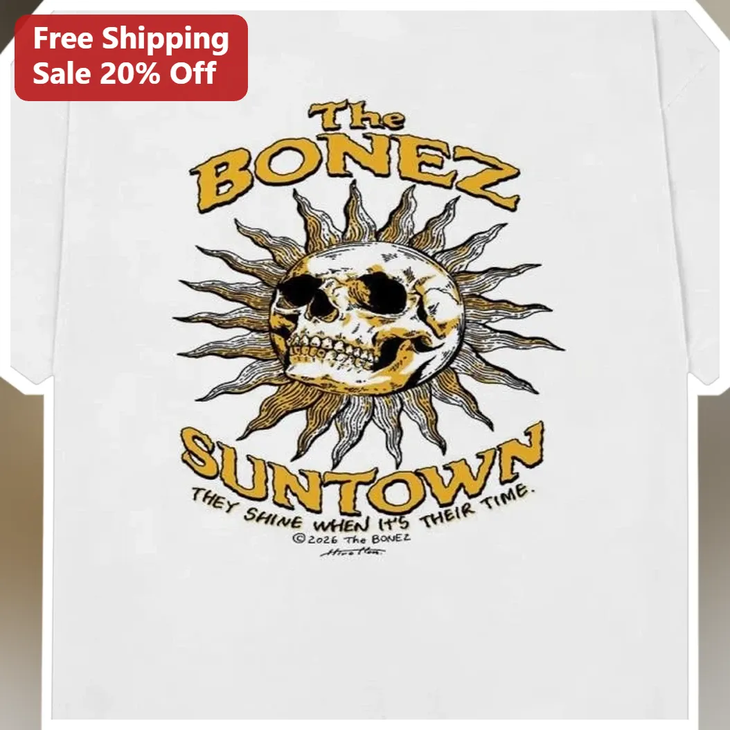 The BONEZ SUNTOWN They Shine When It's Their Time Tee Japanese Rock Band Merch Graphic Shirt available at our Austin, Texas warehouse