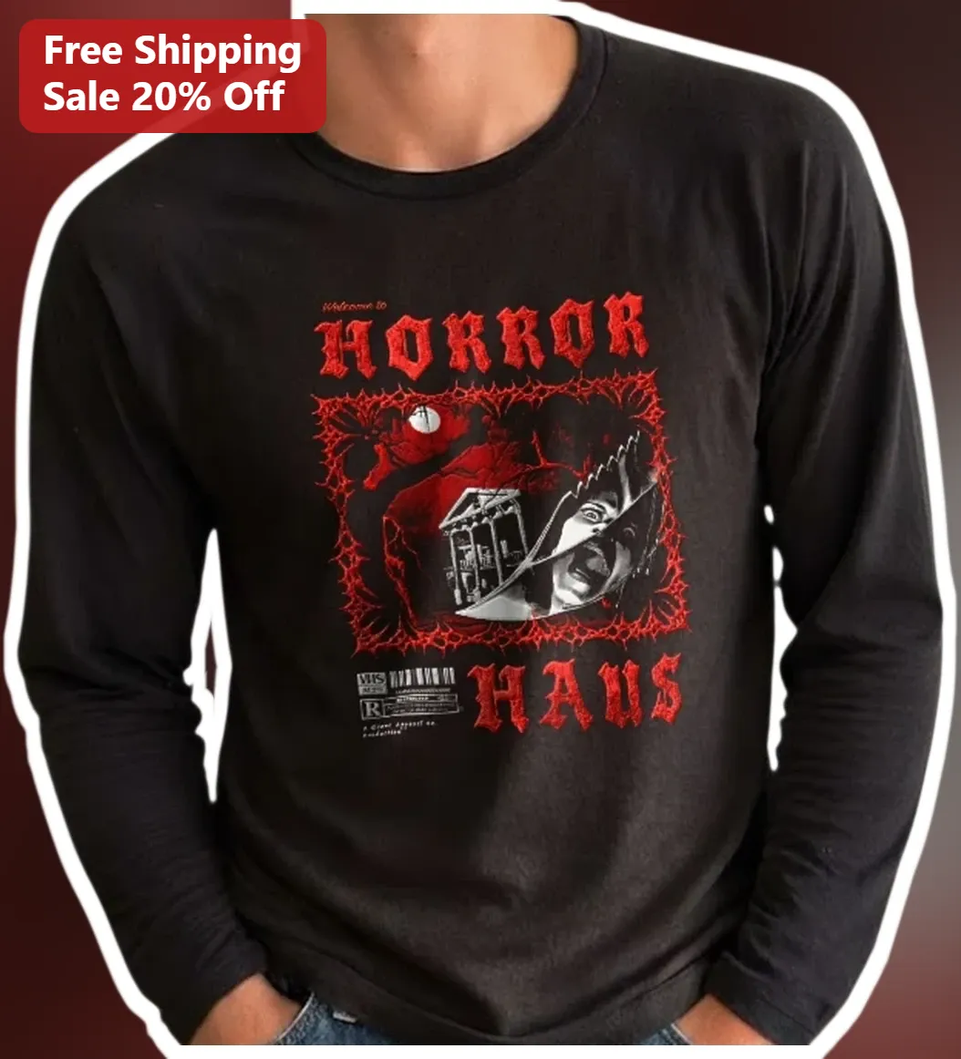 Welcome to Horror Haus Long Sleeve Tee Vintage Halloween Spooky Graphic Shirt